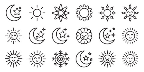 Sun and night moon with stars editable stroke outline icons set isolated flat vector illustration on white background