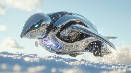 Futuristic Penguin: Mechanical Animal 3D Render Sliding on Icy Landscape with Jet Propulsion and Glistening Snow Trails, Ultra-Detailed Cinematic Lightning
