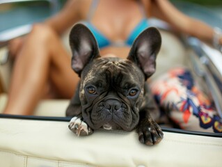 A French bulldog sits in a car, looking at the camera. AI.