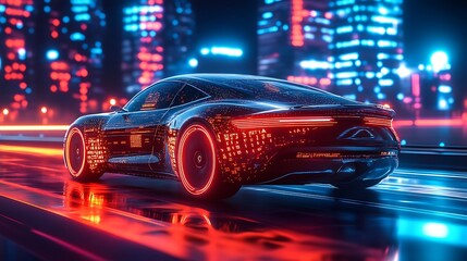 Electric autonomous car on a high-tech road, floating digital data showing speed, navigation, and vehicle performance, futuristic city backdrop illuminated with neon, smooth reflections,