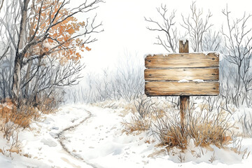 Naklejka premium A watercolor illustration of a trail winding through a serene winter forest, where the ground and trees are blanketed in soft, white snow. , A large wooden signboard stands along the trail