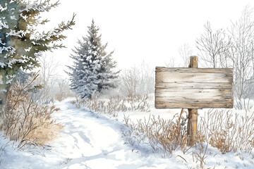 A watercolor illustration of a trail winding through a serene winter forest, where the ground and trees are blanketed in soft, white snow. , A large wooden signboard stands along the trail