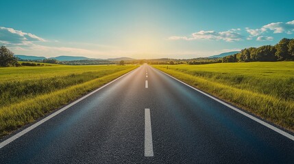 Straight Empty Road Amid Vast Green Fields