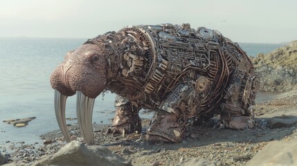 Fototapeta premium Whimsical Mechanical Walrus Resting on Rocky Shore 3D Render with Metallic Tusks.