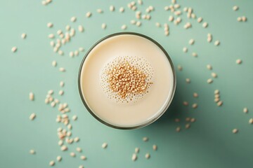 glass of sesame seeds milk on light green background. alternative, gluten free, dairy food,sustainable,  healthy vegetarian concept.