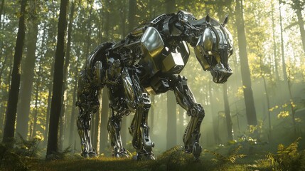 Fototapeta premium Majestic Mechanical Centaur in Serene Forest Clearing, Ultra-Detailed 3D Render with Cinematic Lightning