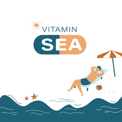 Funny banner on vacation theme with text - vitamin sea. Handsome tanned man in swim shorts sunbathing on sea beach or ocean. Happy guy lying in chaise lounge.