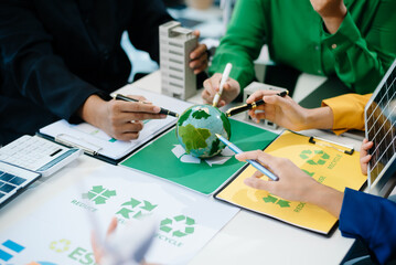 Business team working virtual modern smartphone to reduce CO2 emissions carbon footprint climate...