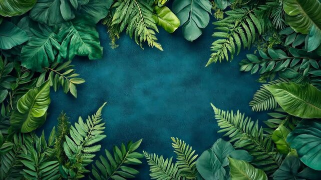A vibrant collection of tropical leaves frame a teal background, creating a natural and inviting backdrop