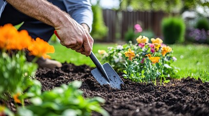 Fototapeta premium Gardening Tools in Action for Beautiful Flower Beds