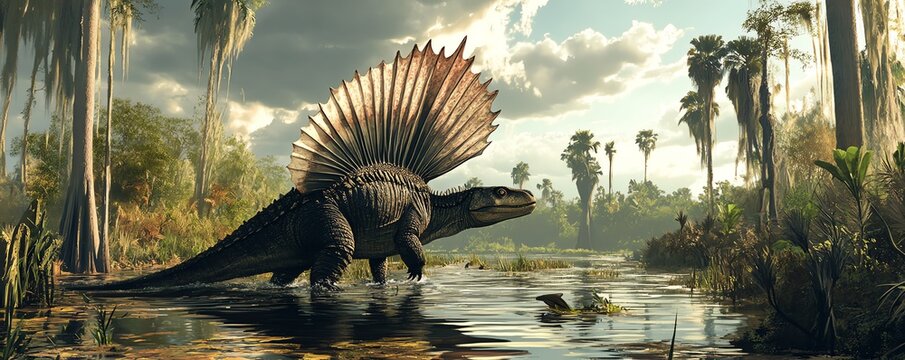 Majestic prehistoric scene featuring a dinosaur with a large sail on its back, roaming a lush prehistoric landscape under a dramatic sky.
