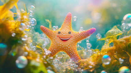 A smiling starfish is surrounded by bubbles in the ocean. The bubbles are in various sizes and are scattered around the starfish. The scene is bright and cheerful