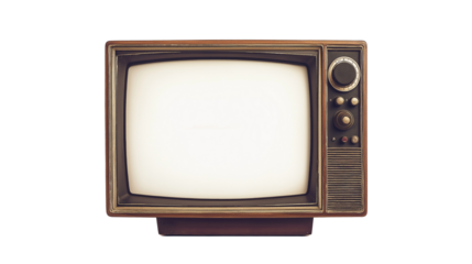 An old vintage television monitor with a blank white screen, isolated on a transparent  background. 