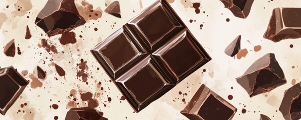 Watercolor Pieces of dark chocolate bar on color background,Broken chocolate bar pieces falling,Dark and milk chocolate,vector illustration,banner sale concept,copy space.