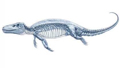 Naklejka premium Illustration of an ancient dinosaur skeleton showcasing detailed bone structure and prehistoric anatomy on a white background.