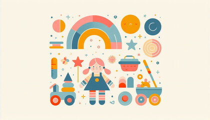 Naklejka premium A playful illustration with a rainbow, toys, and a smiling girl, capturing the essence of childhood and imagination