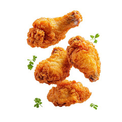 Flying fried chicken wings, isolated on a white background, creating a dynamic and playful...