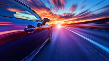 Car Driving at Dusk with a Colorful Horizon