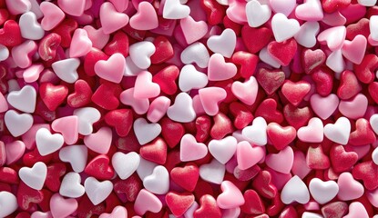 A pattern of pink, red and white hearts in various sizes scattered on the background. Number of candy heart-shaped candies also appear among them