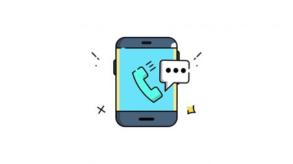 smartphone with a blue screen. On the screen, there is an icon of a green telephone handset, indicating a call. Next to the handset icon, there is a speech bubble with three dots. 4k alpha channel