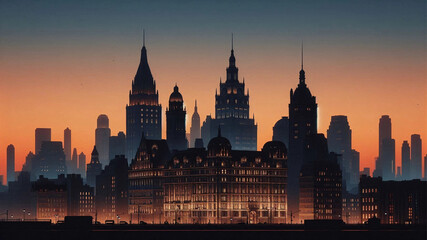 Obraz premium A sleek silhouette of a city's architecture at dusk.