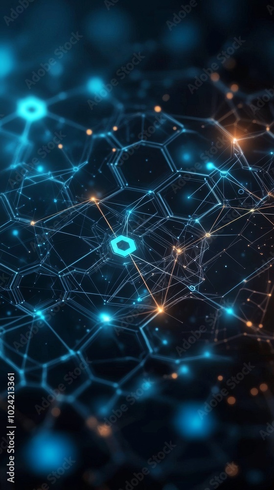 Poster abstract representation of interconnected networks with glowing nodes and hexagonal patterns in a di