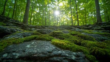 Moss Covered Rocks with Sunlight Through Trees