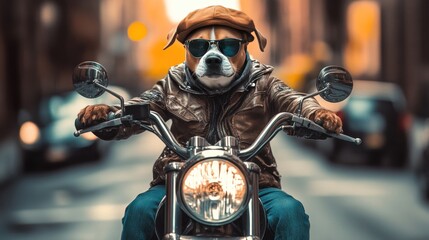 Fototapeta premium Dog Dressed as Hipster Riding Motorcycle