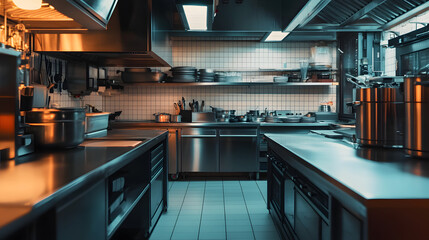 Empty restaurant kitchen with professional equipment. Clean commercial, professional kitchen
