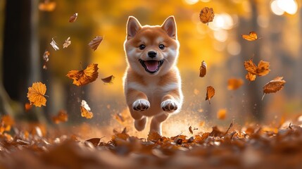 Happy Shiba Inu Puppy Playing in Autumn Leaves