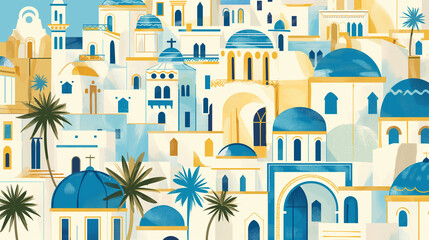 buildings and streets in bright blue, white, beige and gold tones with arched doorways and domes