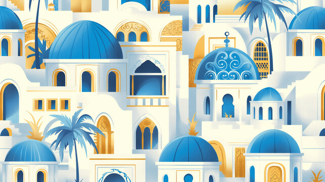 Fototapeta buildings and streets in bright blue, white, beige and gold tones with arched doorways and domes