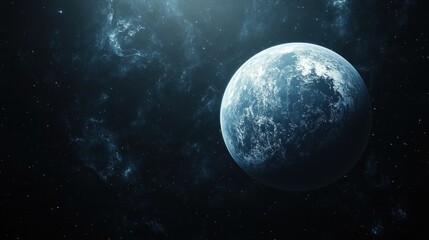 A stunning view of a blue planet surrounded by cosmic elements in deep space.