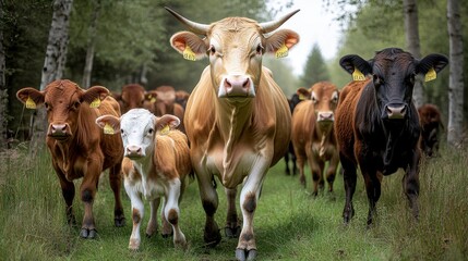 Herd of Cows Walking Through a Green Landscape