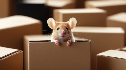 Fototapeta premium Cute Mouse Exploring Cardboard Boxes