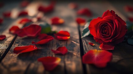 Elegant Red Rose with Petals on Wooden Surface