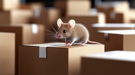 Fototapeta premium Cute Mouse on Cardboard Box in Warehouse Setting