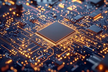 Obraz premium Microchip in a Complex Network of Circuits and Lights