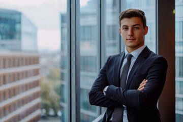 Fototapeta premium A confident young businessman stands by the window in a modern office. He wears a formal suit and exudes professionalism. The setting is bright and stylish. Generative AI