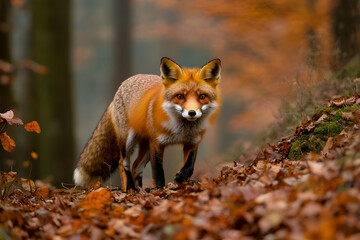 Fototapeta premium A pretty red fox, in the autumn forest. A beautiful animal in its natural habitat. Wildlife scenes