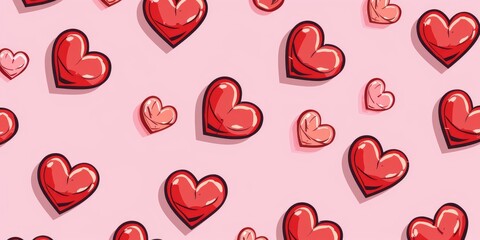 A seamless pattern of red hearts on a pink background, in the style of a vector illustration with a flat design using simple shapes as a digital art piece.