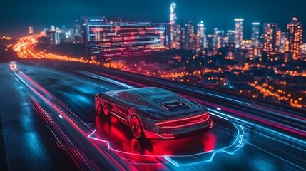 Futuristic autonomous vehicle on a sleek highway at night, interactive holographic data projections floating above showing speed, direction, and AI-controlled systems,