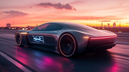 Futuristic electric car on a high-tech highway, glowing holographic displays showing speed, navigation, and vehicle status, dawn sky glowing with soft orange and pink light,