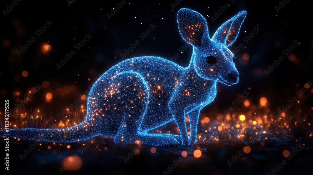 Wall mural a digital rendering of a kangaroo made of glowing blue particles, sitting in a field of glowing oran