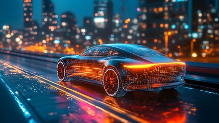 Futuristic electric car on a smart highway, augmented reality interface showing vehicle performance, real-time speed, and road conditions, modern cityscape glowing in vibrant colors,
