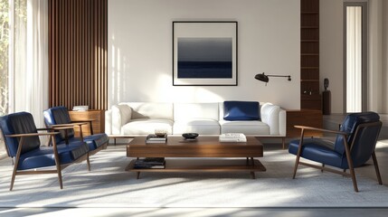 A mid-century modern living room with a clean white sofa, bold blue leather chairs, and a warm wooden coffee table, set against a minimalist background.