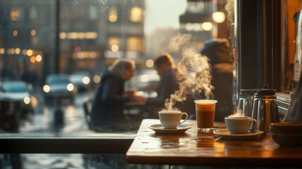 cozy coffee shop scene on bustling corner, featuring steaming cups of coffee on wooden table. warm atmosphere invites people to relax and enjoy their drinks while watching lively street outside