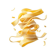 Flying fettuccine, isolated on a white background, creating a whimsical and dynamic effect. PNG