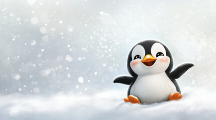 Obraz premium cute penguin sliding down snowy hill, joyfully playing in snow. Its cheerful expression and fluffy body create delightful winter scene filled with happiness