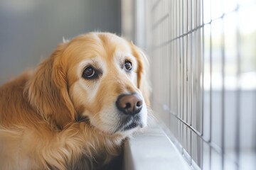 Golden Retriever resting in a kennel, gazing through the metal fence. Soft lighting creates a serene and contemplative atmosphere.